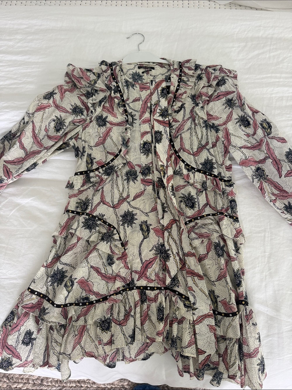 Isabel Marant Floral Ruffle Tiered Midi Dress in Cream and Pink
